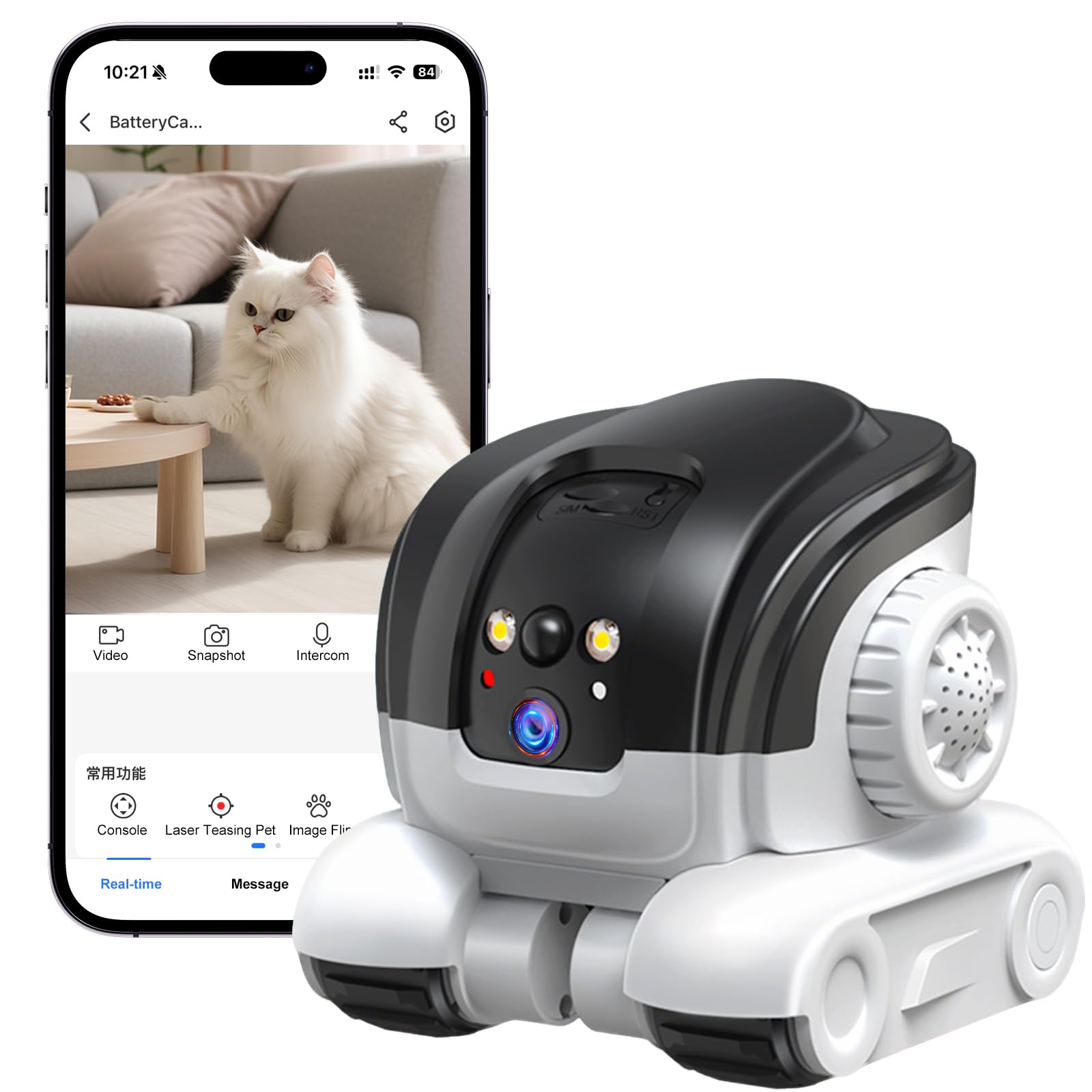 Robot Camera, 1080P Duales Cámara Robot para Mascotas con Audio 2 vías, Visión Nocturna, Reconocimiento de Movimiento, Grabación de vídeo, Control de Aplicaciones para Gatos, Perros, Bebé