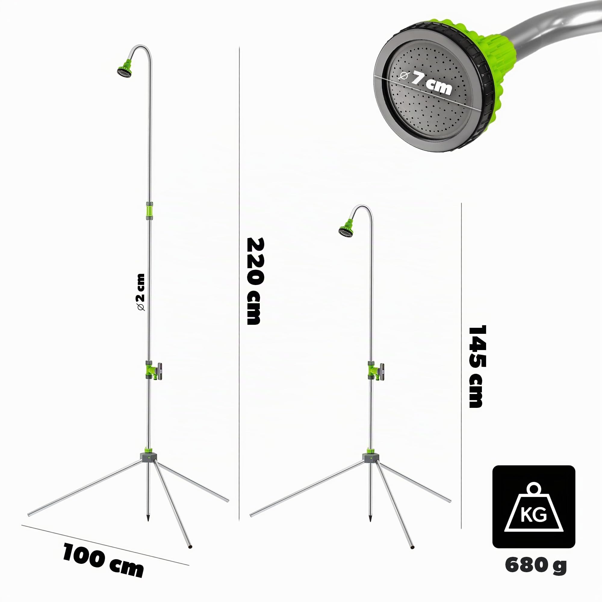 KADAX Douche de jardin réglable en hauteur 145-220 cm, douche extérieure avec raccord de 1/2 pouce pour tuyau d'arrosage de jardin, douche de camping en aluminium, douche au sol pour jardin et camping
