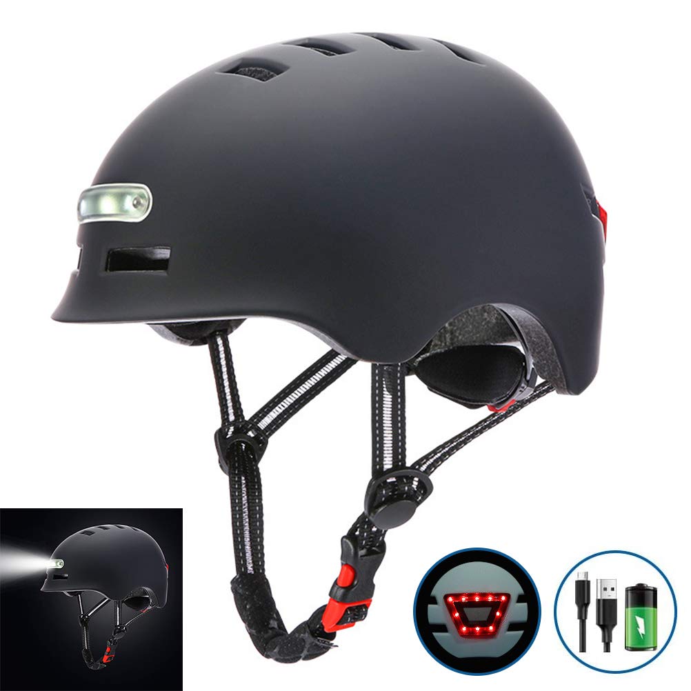 Casco de Bicicleta y monopatín con Faro USB, Recargable LED y Casco Deportivo de Ciclismo Ligero de luz Trasera para Hombres y Mujeres Adultos niños Adolescentes