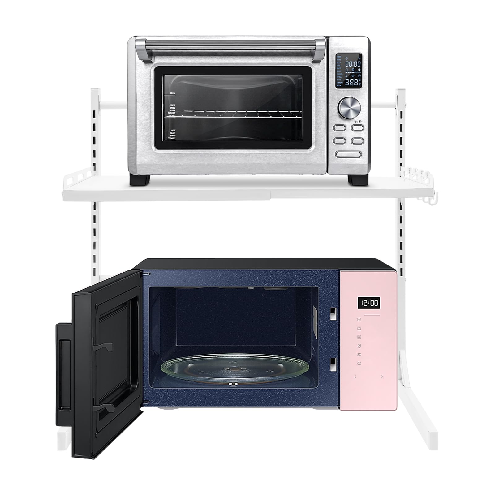 Étagère extensible pour micro-ondes avec 4 crochets, 2 niveaux, hauteur réglable de 27 à 52 cm, support pour micro-ondes, boulangerie, organisateur pour plans de travail de cuisine, blanc