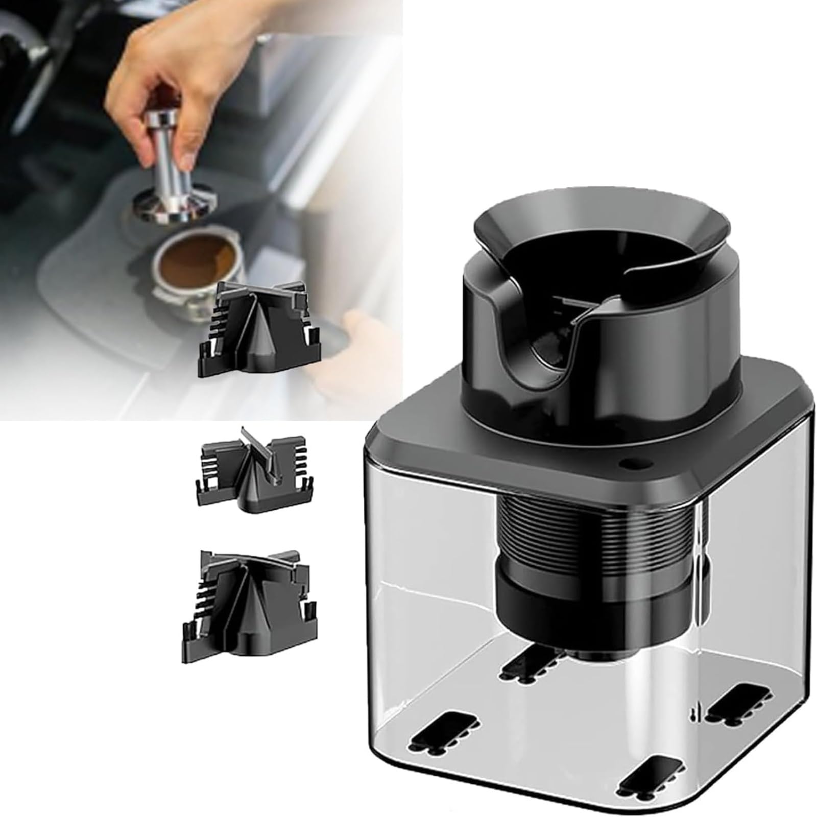 Limpiador eléctrico automático de café molido para máquinas de espresso, limpiador de portafiltros con cubo acrílico visual, 3 modos de limpieza para una eliminación eficiente del café molido