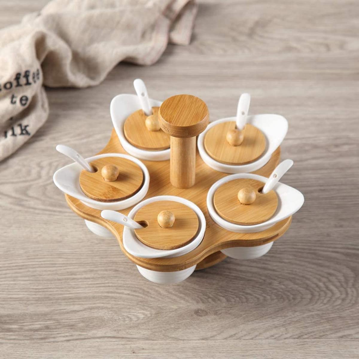Juego de tarros de especias de cerámica, giratorios, porcelana, tarro de especias, tarro de especias con tapa de madera, cuchara