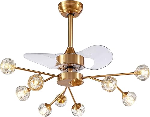 Miniatura 10 de Siljoy Ventilador de techo moderno de cristal dorado de 42 pulgadas con luz y control remoto, 18 luces retráctiles, lámpara Sputnik con aspas