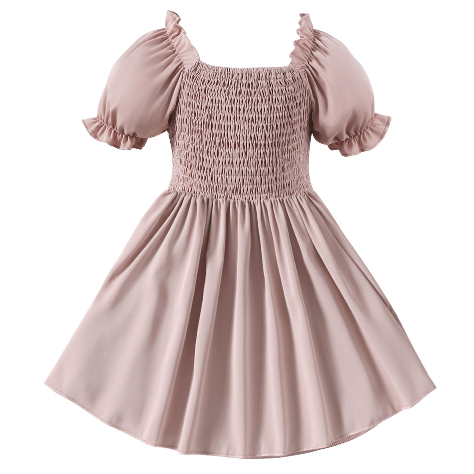 Neutocd Toddler Baby Girl Dress Ruffle Short Sleeve Elastic Solid Square Neck Flared Plain Casual Summer Dresses for Girls