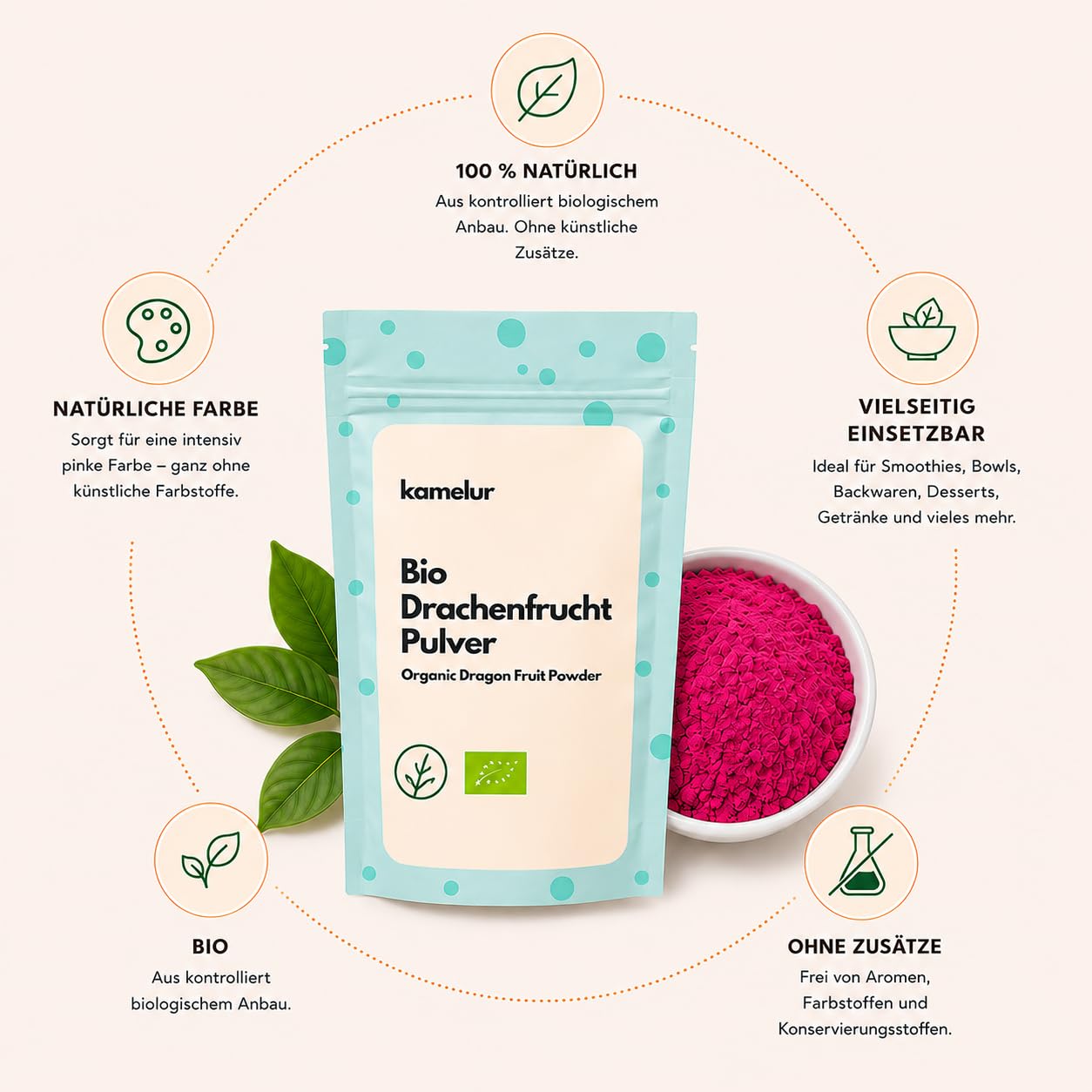 Kamelur Fruta del dragón orgánica en polvo, pitaya en polvo rosa, liofilizada y sin aditivos, en envases biodegradables 250 g (Paquete de 1)
