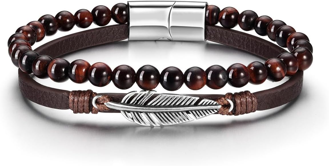 Zysta Leather Bracelet for Men Double Layered Genuine Leather Beaded Bracelet Tiger Eye Lava Rock Stone Braided Leather Cuff Bracelet with Stainless Steel Clasp Mens Wristband Bangle - Image 2