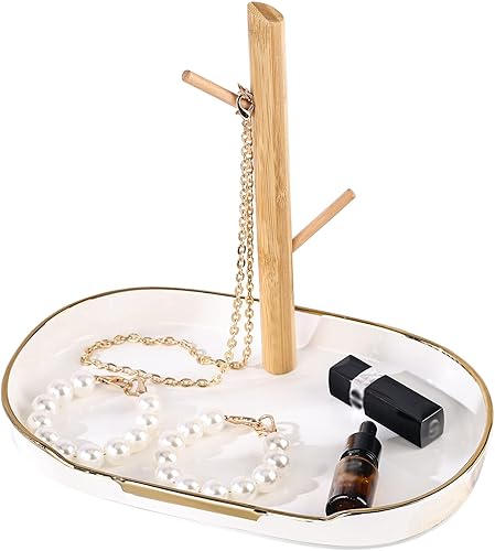 oliruim Bandeja para llaves grande de 11 pulgadas para tocador de cerámica blanca, bandeja rectangular de mármol con soporte, bandeja de joyería,
