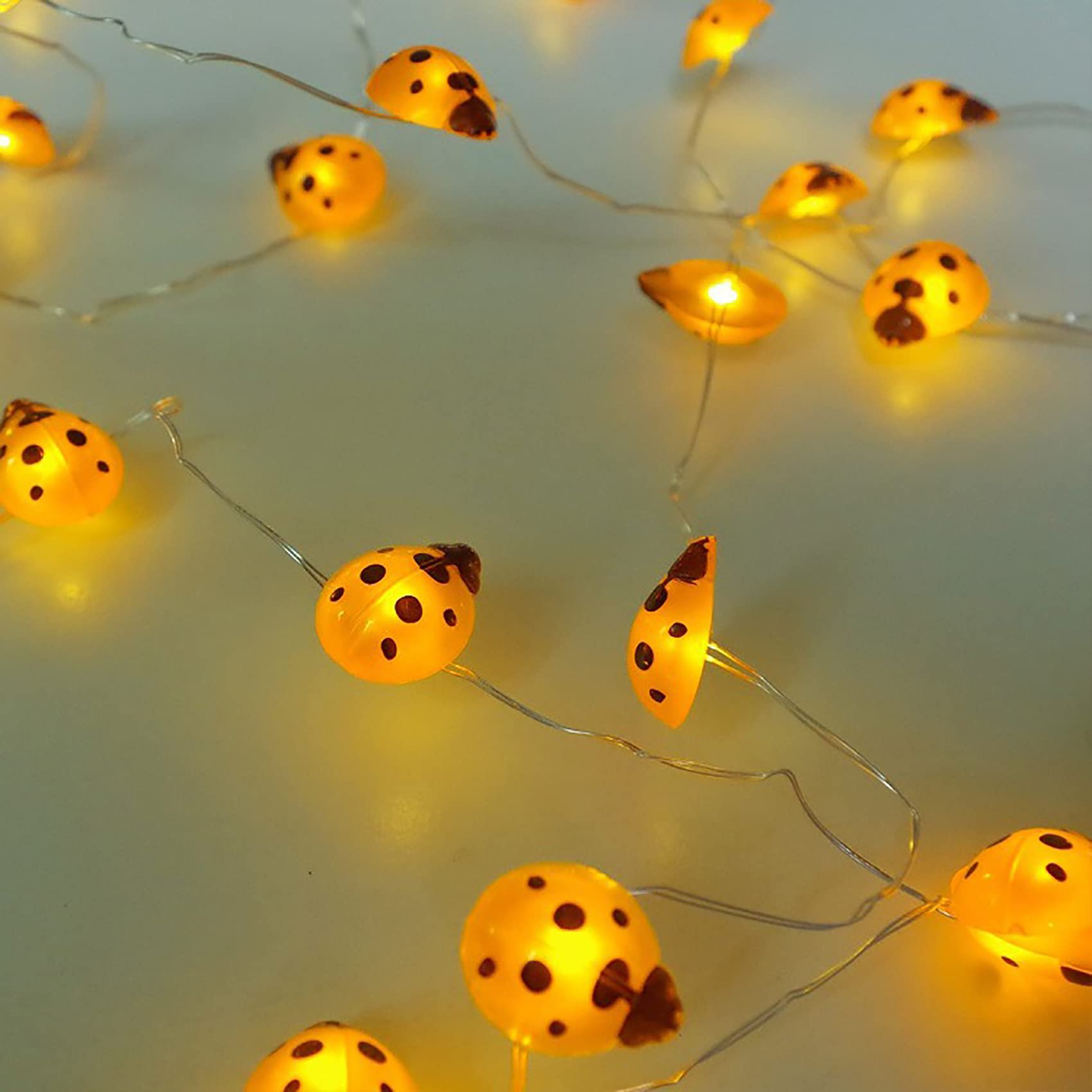 DINOWIN Ladybird Fairy Battery Operated 9.8Ft 30 LED Ladybug String Lights Silver Wire for Bedroom, Valentine's Day, Christmas Decorative (Yellow)