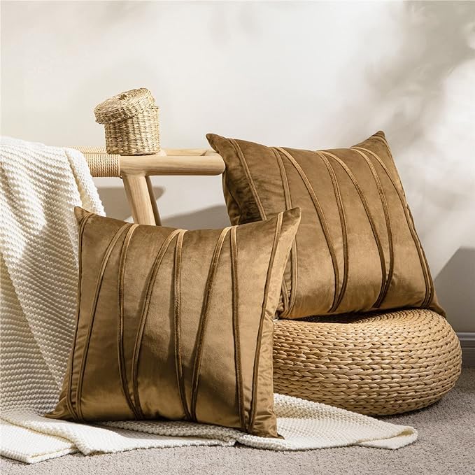 Image of Amazon Brand - Umi Decorative Striped Throw Pillow Covers 22 X 22 Inch,Soft Solid Velvet Pillow Covers Cushion Case with Zigzag Pattern for Sofa Bedroom 55 X 55 Cm (Pack of 2) Brown