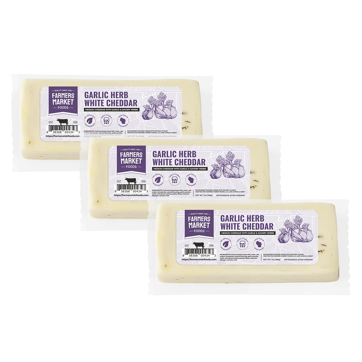 Farmers Market, Gluten Free, Keto, Paleo, Low Sodium, Zero Sugar, Wisconsin Cheese Gift Sets, 3-Pack, Garlic Herb White Cheddar