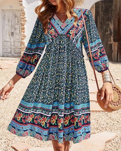 Image of BTFBM Women Casual Spring Summer Dresses V Neck 3 /4 Long Sleeve Ruffle Floral Flowy Boho Babydoll Mini Short Beach Dress