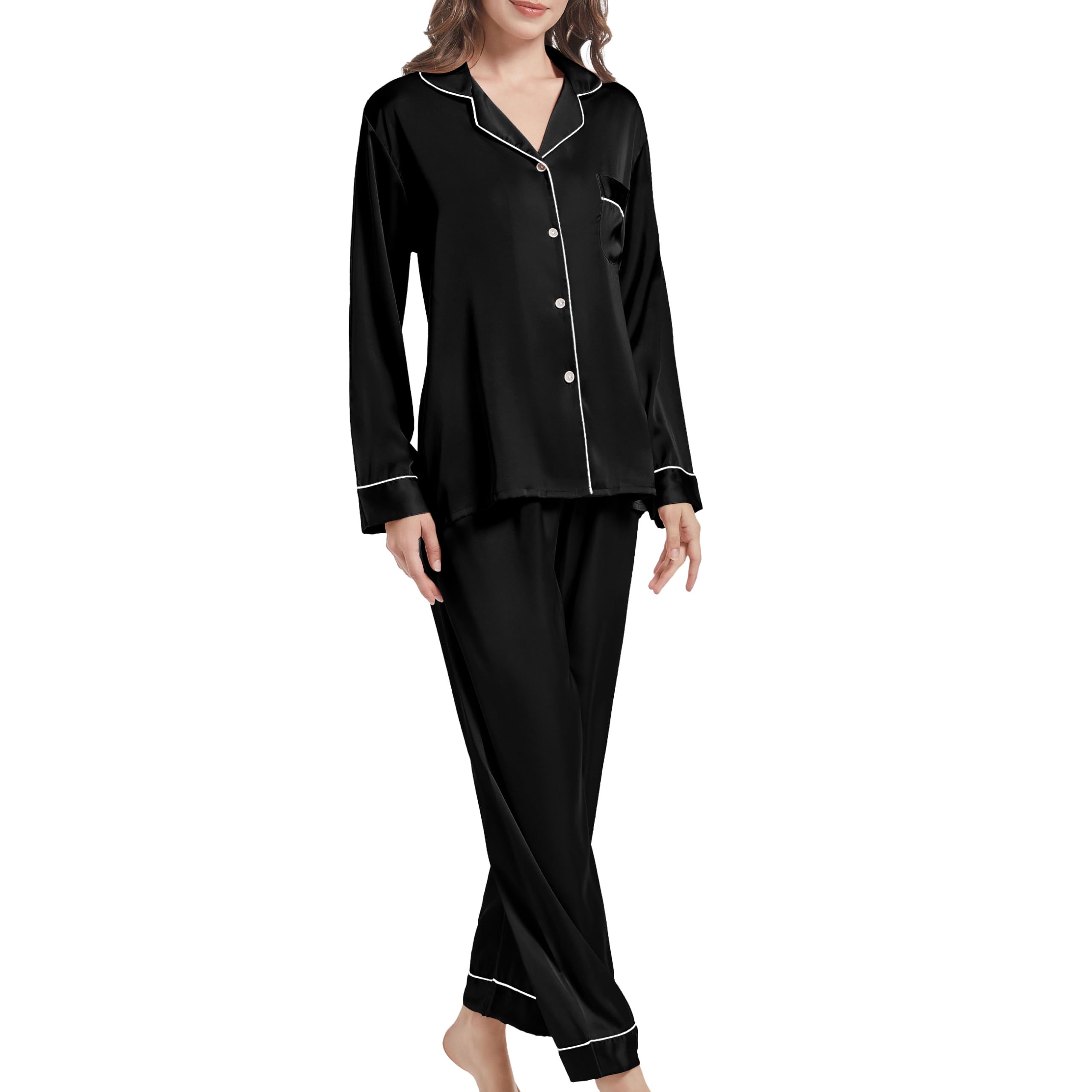JCQIGOA Seta Donna Pigiama a Maniche Lunghe Set Pigiama Donna Lungo Set Pezzi Loungewear Pigiama da Notte Lungo Pigiama da Notte