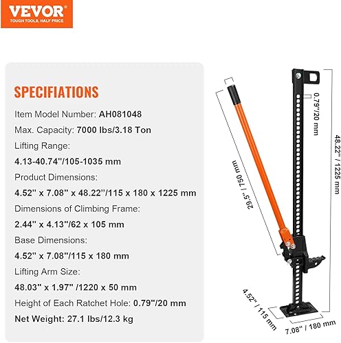 Miniatura 7 de VEVOR Farm Jack Jack - Gato de elevación alta de 48 pulgadas, capacidad de 7000 libras de trinquete para Jeep Jack, gato de granja resistente para
