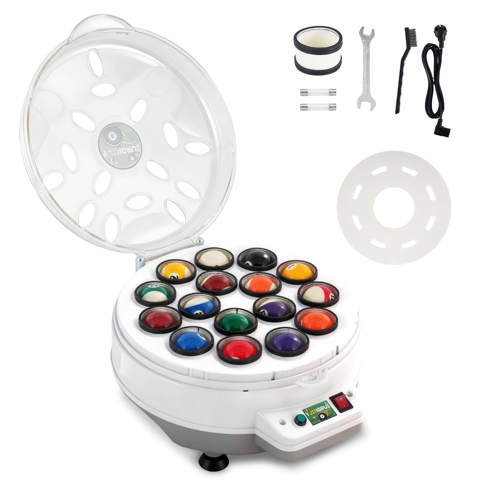 YJINGRUI Automatischer Billardkugel Reiniger,16 Balls Poolball-Reiniger-Poliermaschine, Billardkugel Reinigungsmaschine, mit Schraubenschlüssel und Bürste für 57,2 mm Billardkugeln