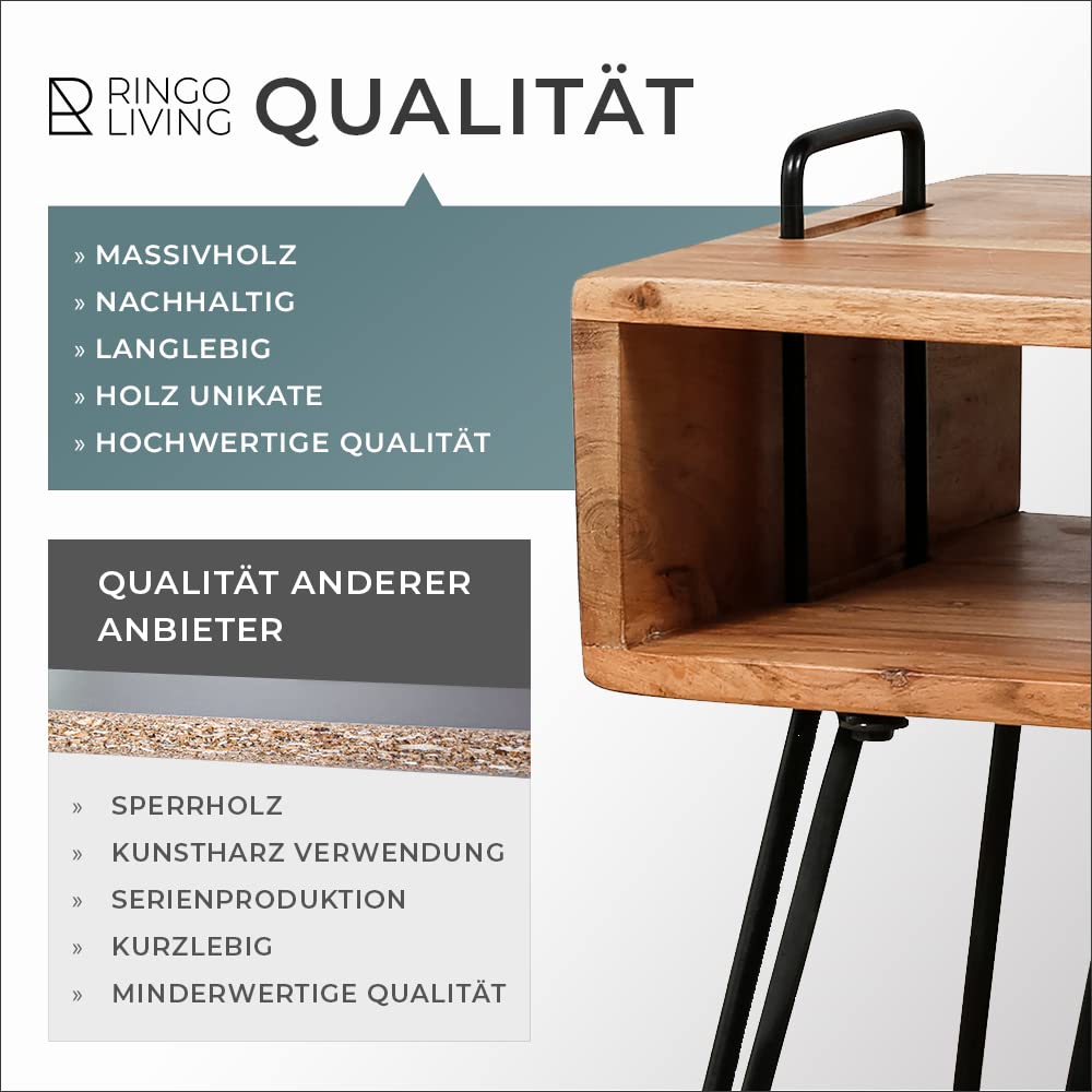 Ringo-Living Massivholz Nachttisch Lolei Hängend mit Schublade & Fach, Dunkelbraunes Regal mit Schwarzem Metall Rahmen, Schlafzimmer Wandregal Schwebend