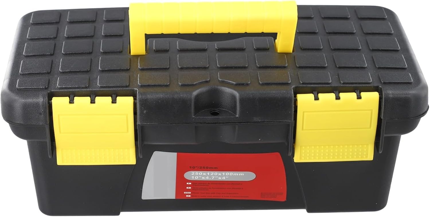 10 Inch Plastic Toolbox with Dual Layer Organization Compact Hardware Tool Box for Electrician Carpenter DIY Secure Latch Storage Case for Hand Tools and Electric Drill Black