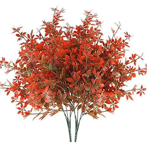 MHMJON 2pcs Artificial Plastic Flowers Plants Fake Shrubs Faux Maple Leaves Bundles Indoor Outside Table Centerpieces Arrangements Home Kitchen Office DIY Hotel Table Decoration ( Red ) Cover