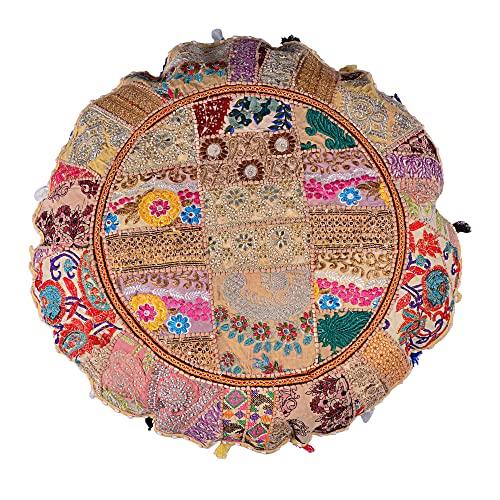 Flyingasedgle Rajasthani Handmade Colorful Decorative Floor Pillow Cover Meditation Patchwork Patchwork Cushion Seating Accent Boho Chic Indian Handmade Cover Only (Beige, 32X32 Inches) #TOP2