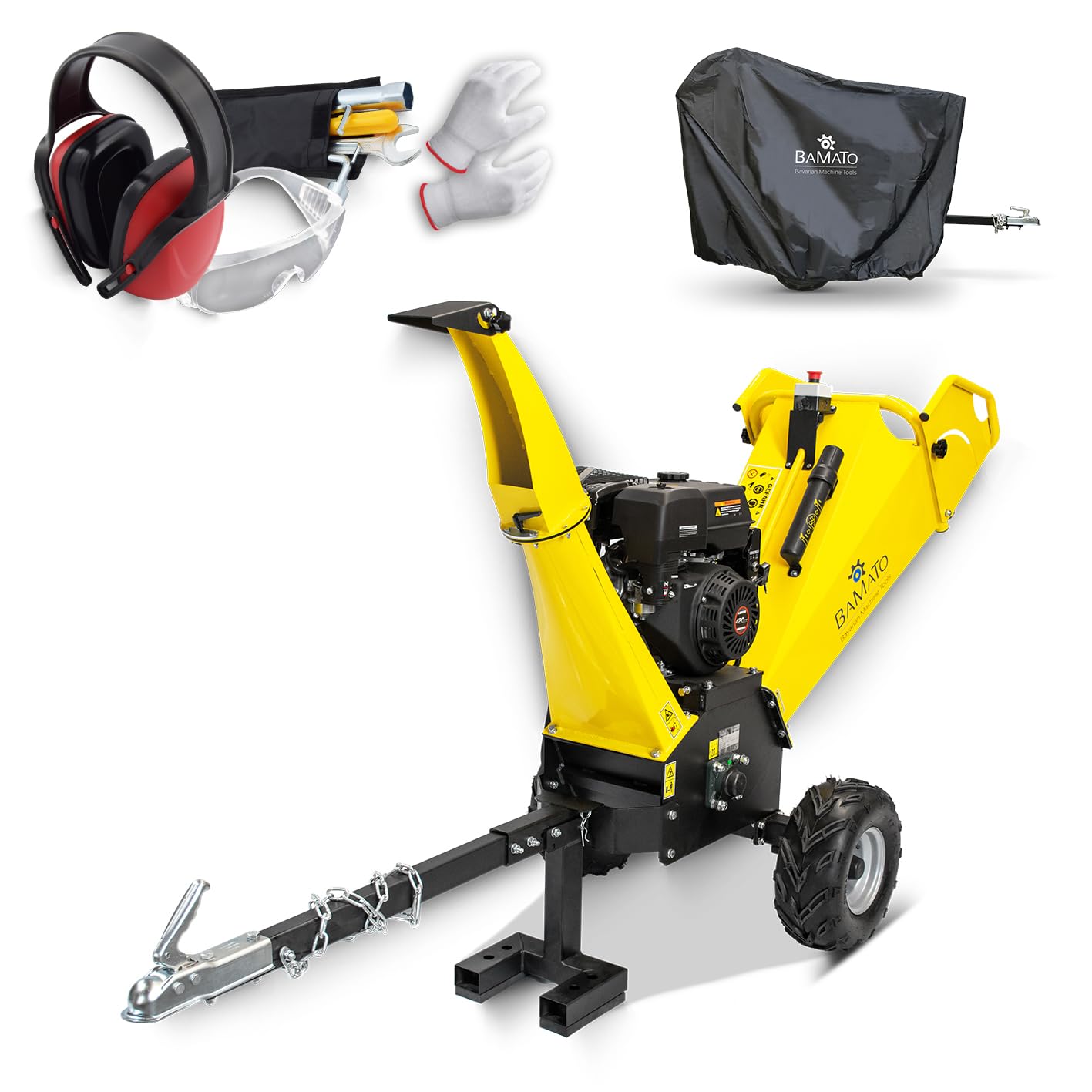 BAMATO Holzhäcksler HACK-150 Gartenhäcksler Benzin Schredder 120mm | Kraftvoller 9 kW Benzin Motor | Max. 120mm Aststärke | Inkl. Abdeckplane, Zubehör & 2000 min-1
