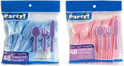 Juego de cubiertos de plástico resistente color azul y rosa claro, 16 cucharas, 16 tenedores, 16 cuchillos, 2 paquetes de 48 cada uno, 96 piezas en