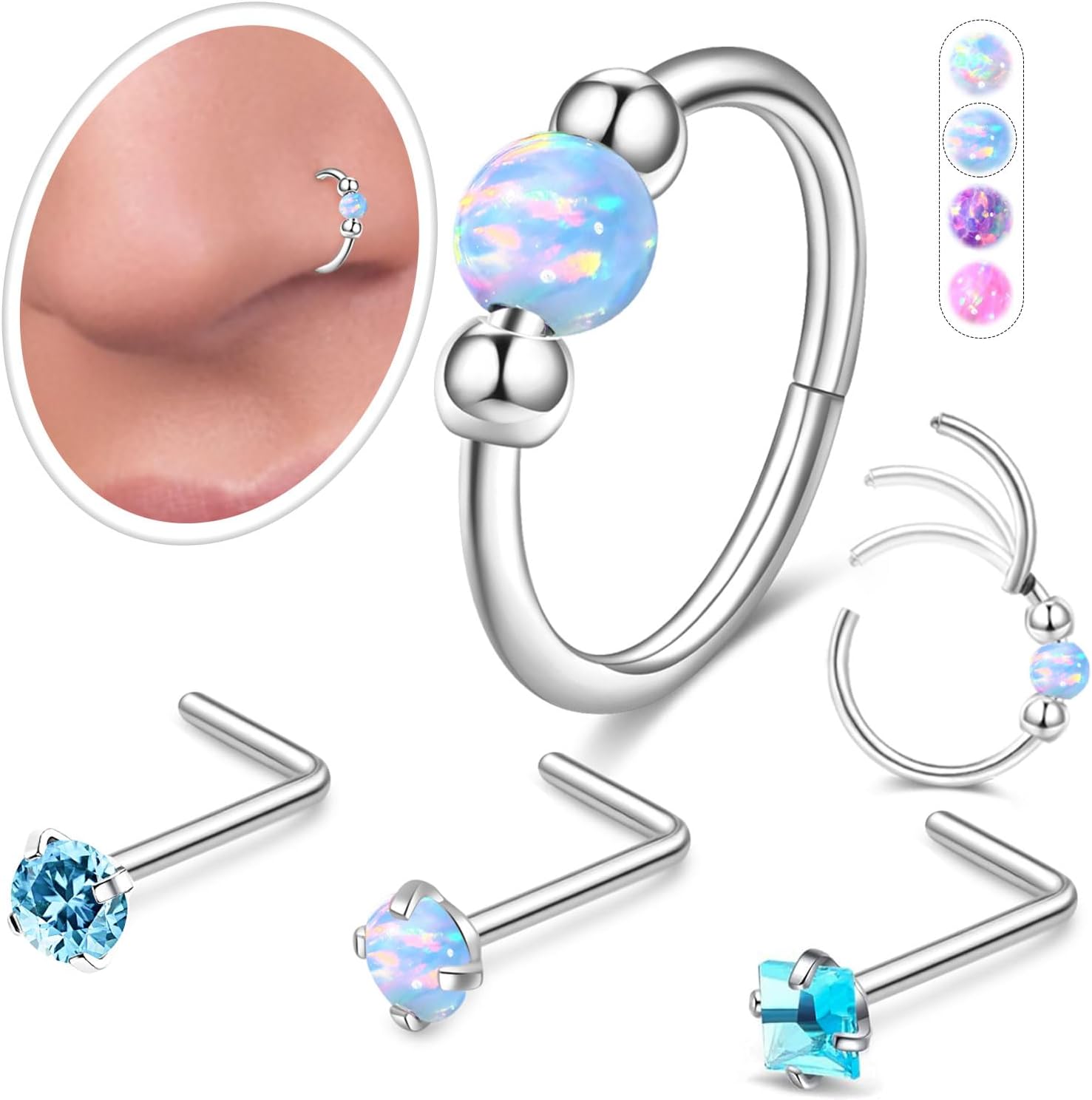 Opal Nose Ring Studs Horseshoe Nose Rings Hoops Stud 316L Stainless Steel Nose Rings Round CZ Square Screw L Shaped Nose Stud Hypoallergenic Nostril Piercing Jewelry for Women Men