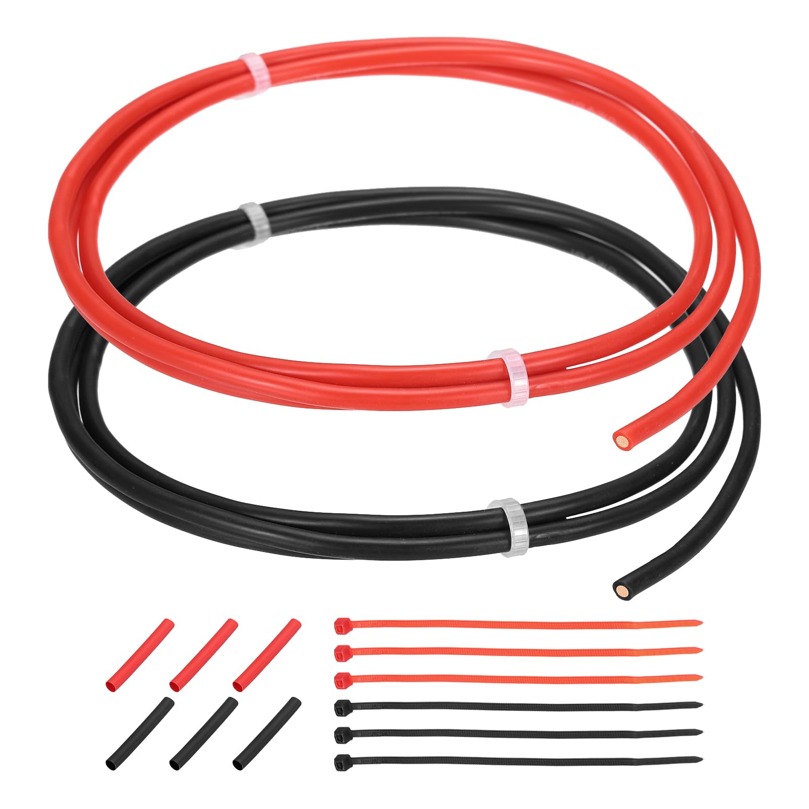 sourcing map 2pcs 16 AWG Silicone Electrical Wire, 16 Gauge 1m/3ft Tinned Copper Electrical Wires with Heat Shrink Tubing & Cable Ties for Automotive, Motor, RV Inverter - Red & Black