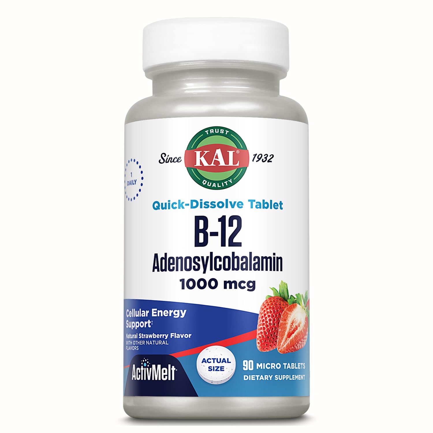 KAL Vitamin B12 1000 mcg as Adenosylcobalamin - Active Form of B12 Vitamins - B 12 Supports Cellular Energy, Nerve Function, Red Blood Cell Production - Natural Strawberry Flavor - 90 ActivMelts 90 Count (Pack of 1)