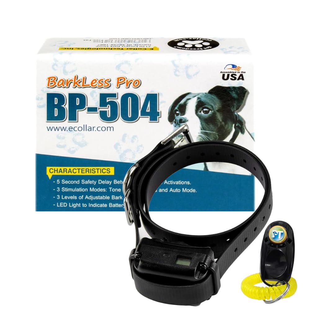 E-Collar BP-504 No Bark Dog Collar - Rechargeable, Humane, Safe, Waterproof, Automatic Learning System, Tone Only, 8 Adjustable Shock Levels for Anti Barking Control, PetsTEK Training Clicker