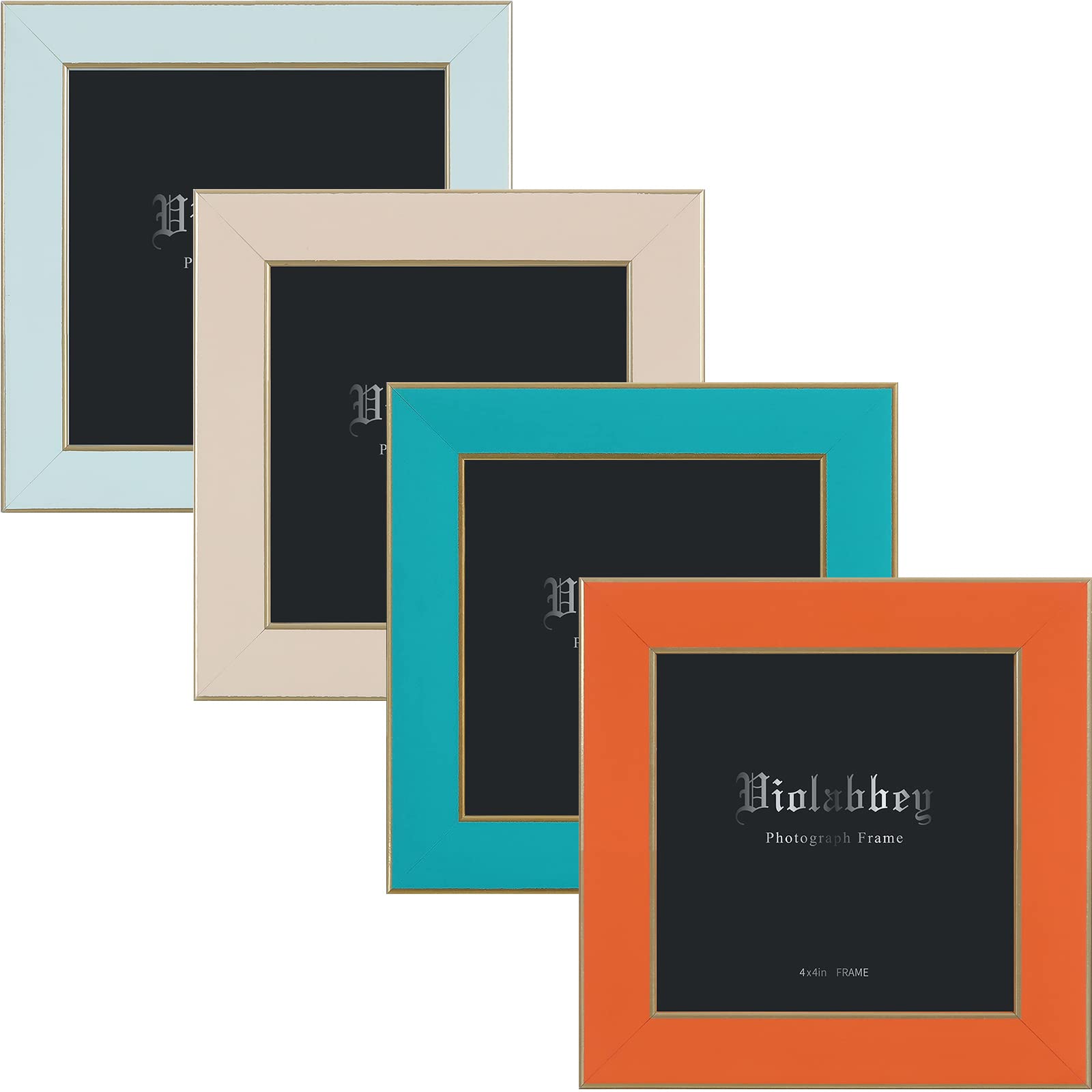 VIOLABBEY 4x4 Picture Frames Set of 4, Colorful Photo Frame of Modern Style, High Definition Tempered Real Glass, Wall Mounted or Tabletop Display (Blue+light blue+orange+apricot)