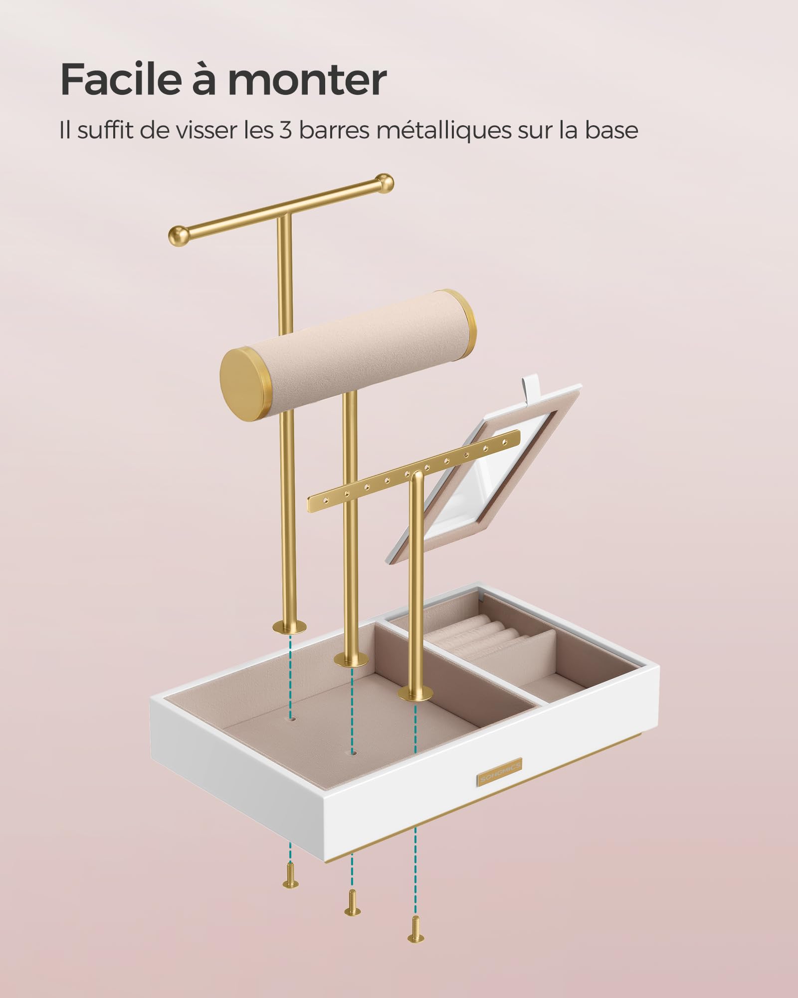 SONGMICS Porte-bijoux, Organisateur de Bijoux, Support Accessoires, en Métal et Bois, pour Colliers, Bracelets, Boucles d'oreilles, Bagues, Blanc et Doré JJS022W01