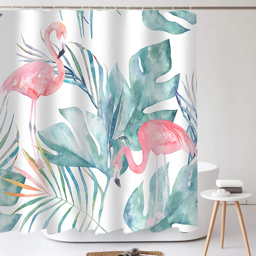 Tititex Tropical Pink Flamingo Shower Curtain with Hooks, Teal Palm Leaves Modern Style Waterproof Fabric Bathroom Decor Set 72X72 Inch