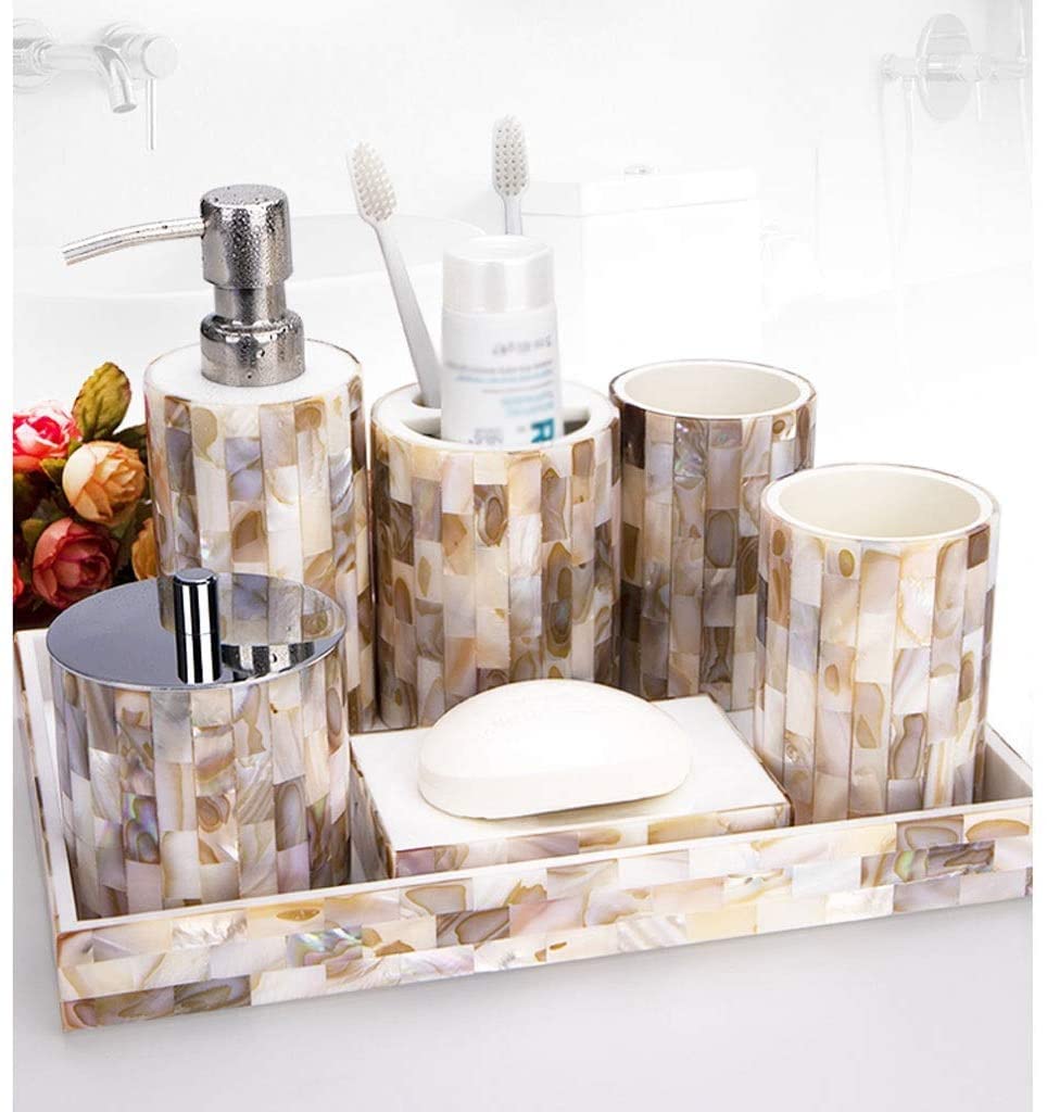 Dispensador Jabón Set Juego De Accesorios De Baño Europeos, Suministros De Baño De Resina De Concha, Dispensador De Jabón, Portavasos para Cepillo De Dientes Baño Accesorios(6pcs)