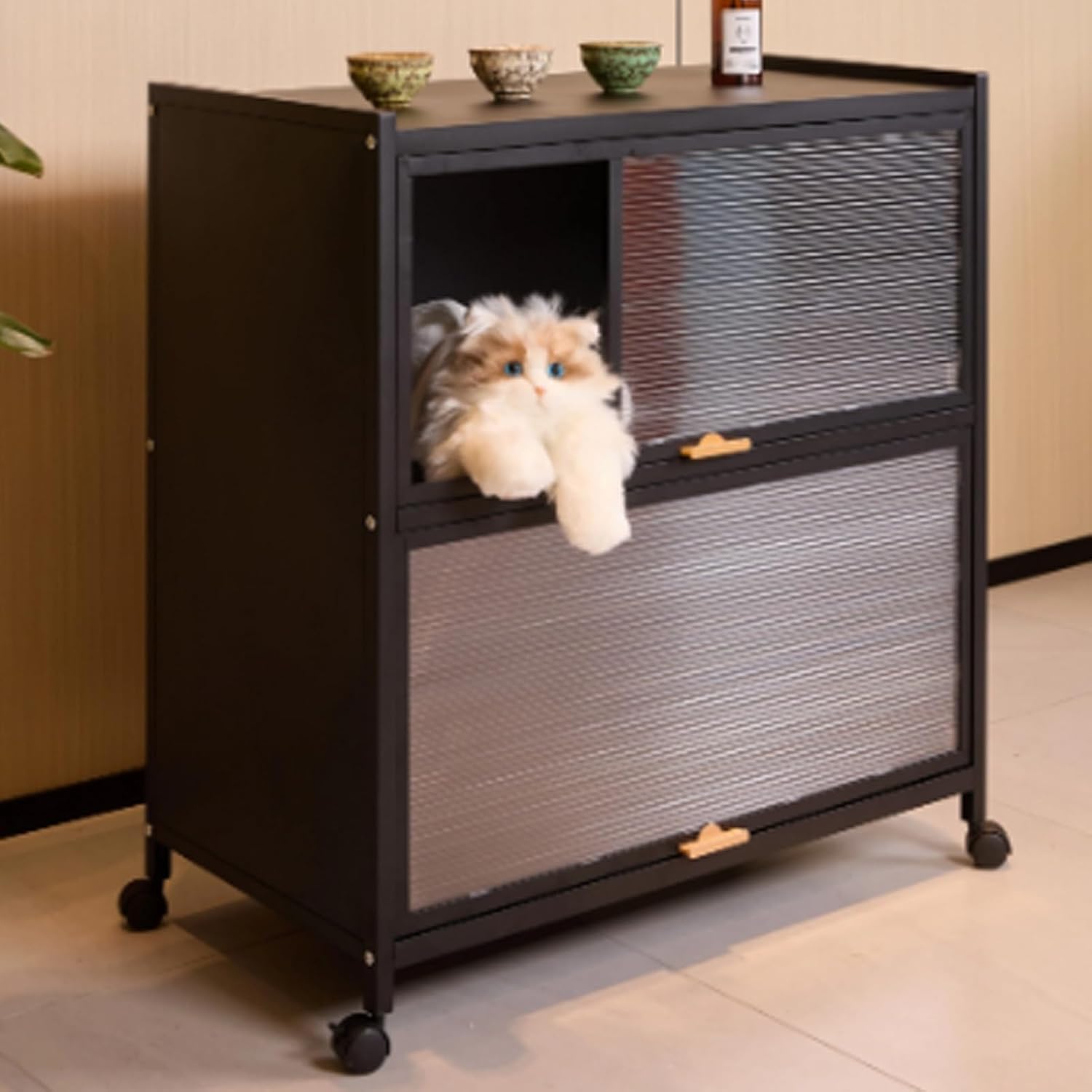 Metal Cat Litter Box Enclosure, Hidden Litter Box Furniture with 2 Storage Compartments, Cats Washroom Cabinet with Flip Front Door for Living Room(Black)