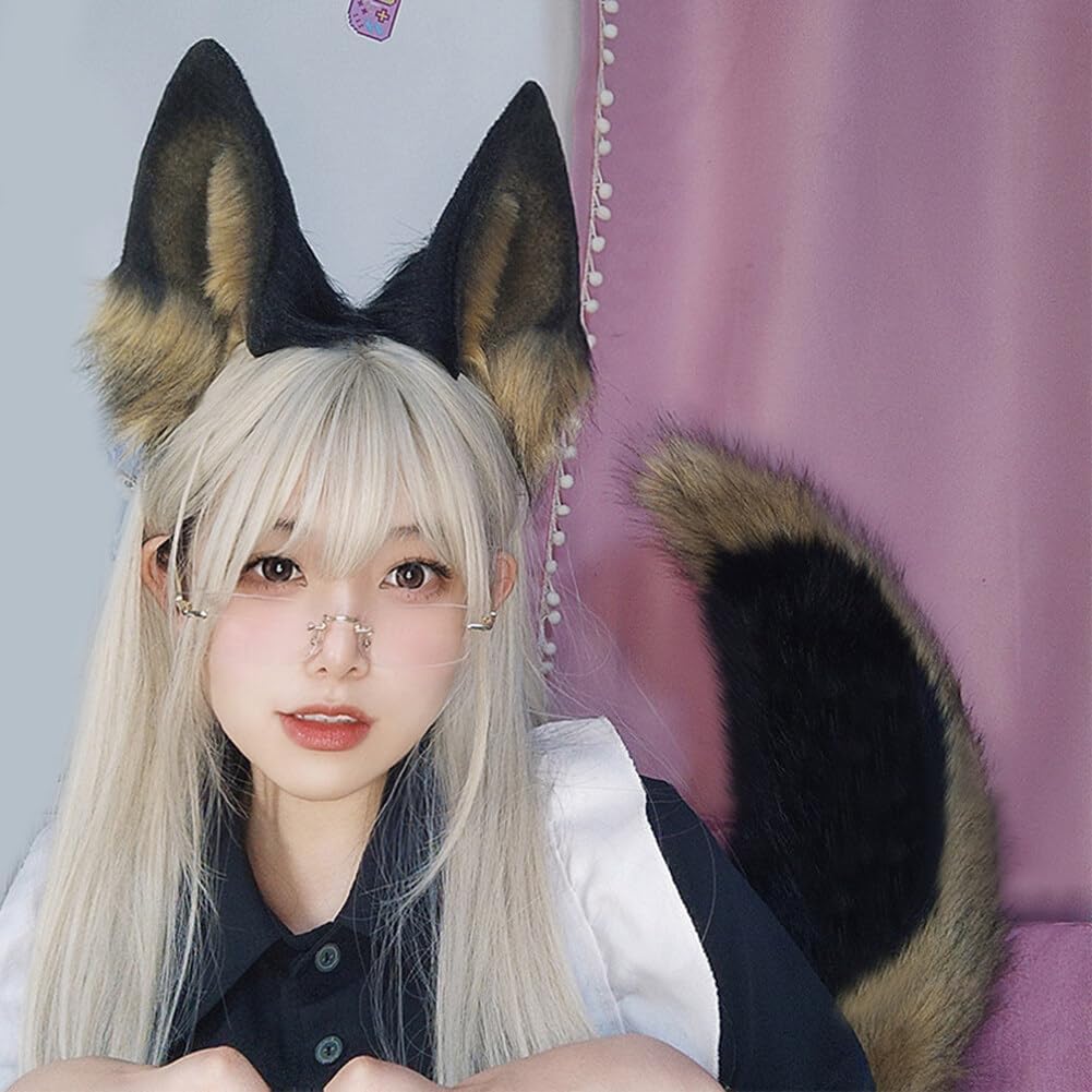 Faux Fox Tail Ears Headwear Set, Artificial Wolf Animal Tail Headbands Headdress Women Cosplay Costume Accessories