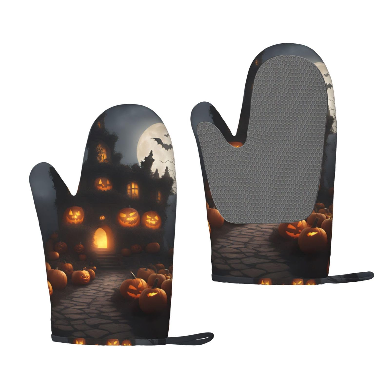 Halloween Pumpkin Print Oven Mitt Non-Slip Heat-Insulating Silicone Ovens Mitts Kitchen