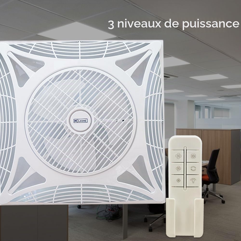 M Ledme - Ventilateur de plafond carré Armstrong 68W avec lumière LED blanc froid (6000K), encastré, 1172 lm, télécommande, moteur AC, silencieux, 3 vitesses, idéal pour les bureaux. LM8087
