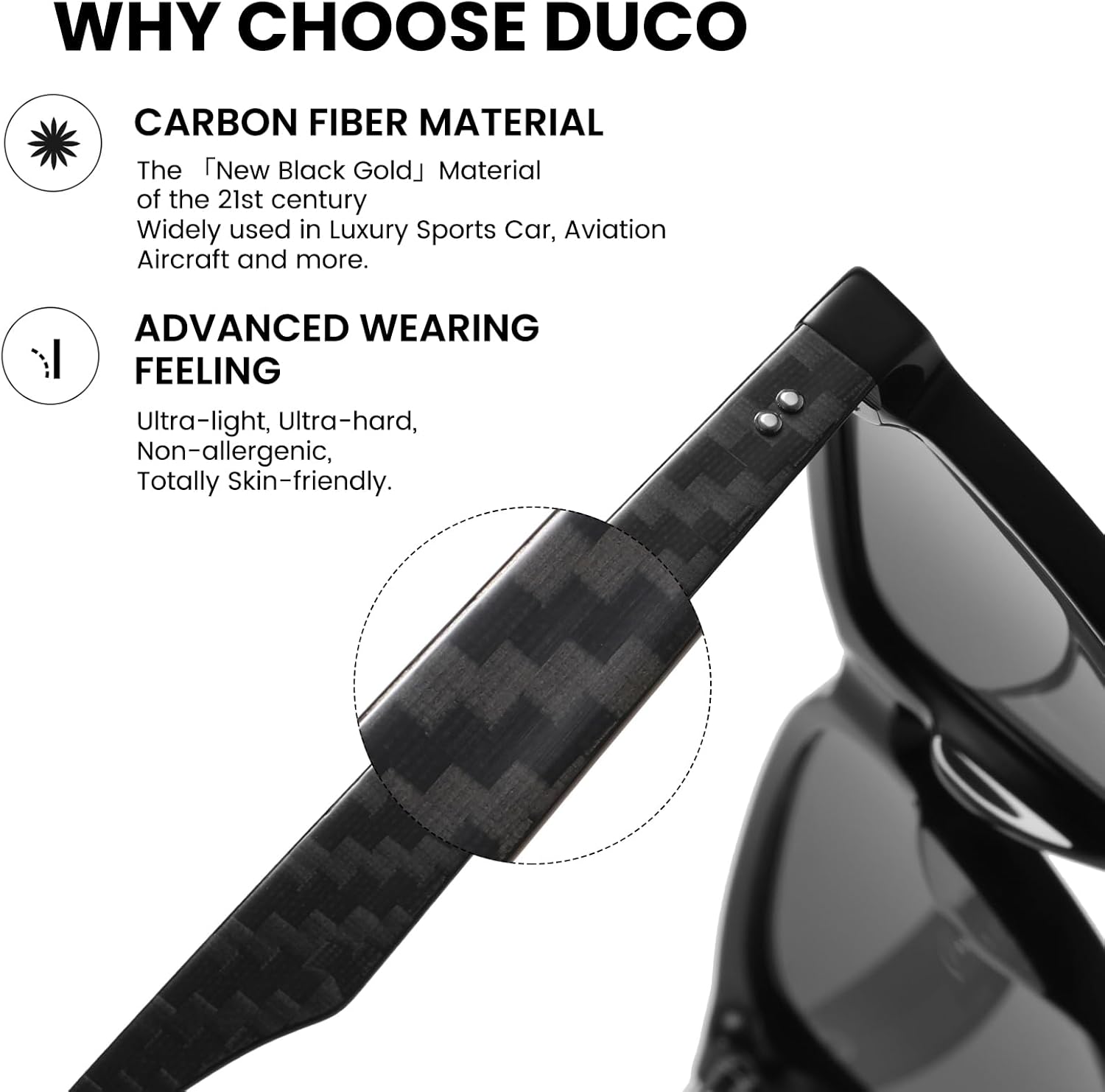 DUCO Rectangular Polarized Sunglasses for Men Acetate Carbon Fiber Sun Glasses Driving Fishing Golf UV400 Protection DC8330 - Image 6