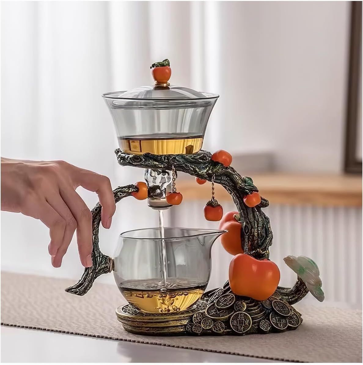 Lazy Kungfu Tea pot Set, Glass Magnetic Teapot, Semi-Automatic Water Guide Magnetic Teapot with Infuser, Heat Resistant Kungfu Tea Set Coffee Set, Orange