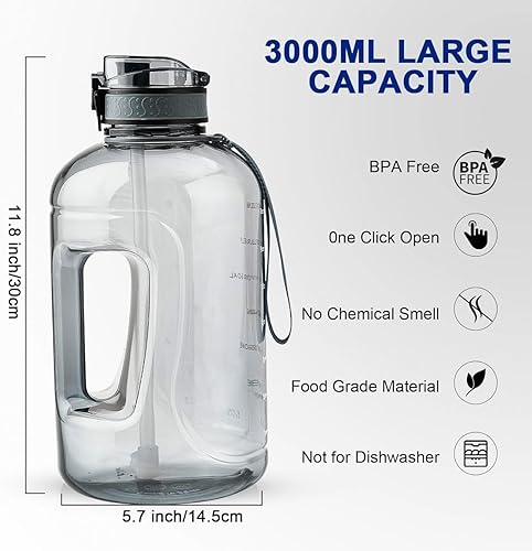 Miniatura 2 de Botella de agua de 3 litros con marcador de tiempo y pajilla, grande de 101 onzas, sin BPA, a prueba de fugas, para gimnasio, deportes, senderismo,
