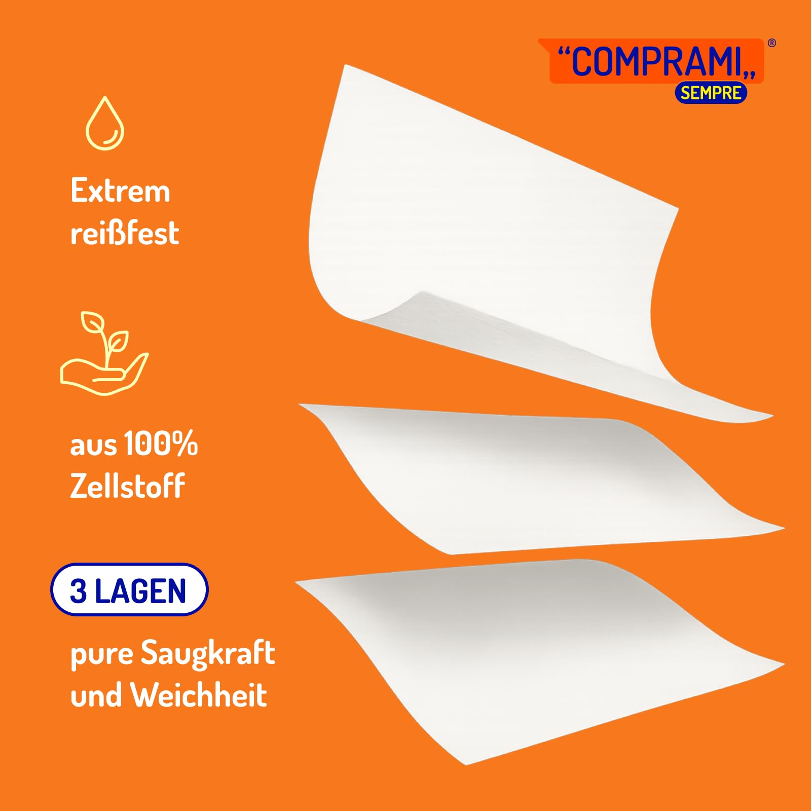XXL Küchenrolle 3-lagig – 36 Rollen á 100 Blatt – saugstark, reißfest und weich - 100% Zellstoff - Ø: 14,8 cm/Höhe: 22,7 cm - Jumbo Küchenrollen – Comprami Küchentücher für Zuhause, Gewerbe, Industrie