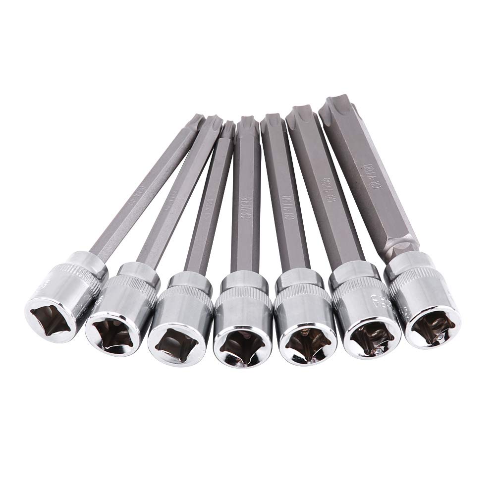 Set di chiavi a bussola e punte, 7 pezzi 3/8" in acciaio al cromo-vanadio Torx Star Bit Kit 110 mm Albero extra lungo T25 T30 T40 T45 T50 T55 T60 con custodia in plastica per cacciavite