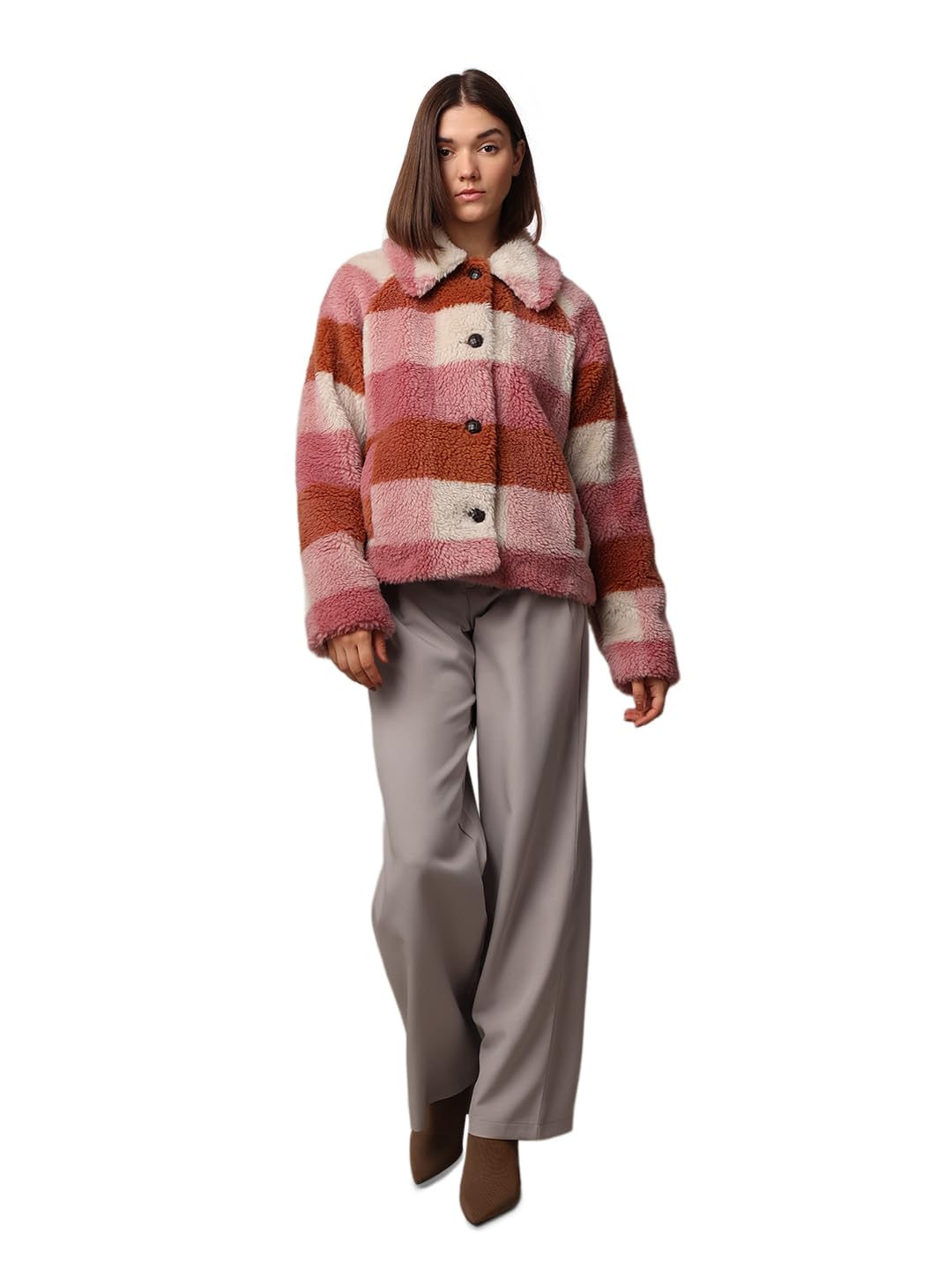 only Women Spread Collar Checked Casual Puffer Jacket-picture-24
