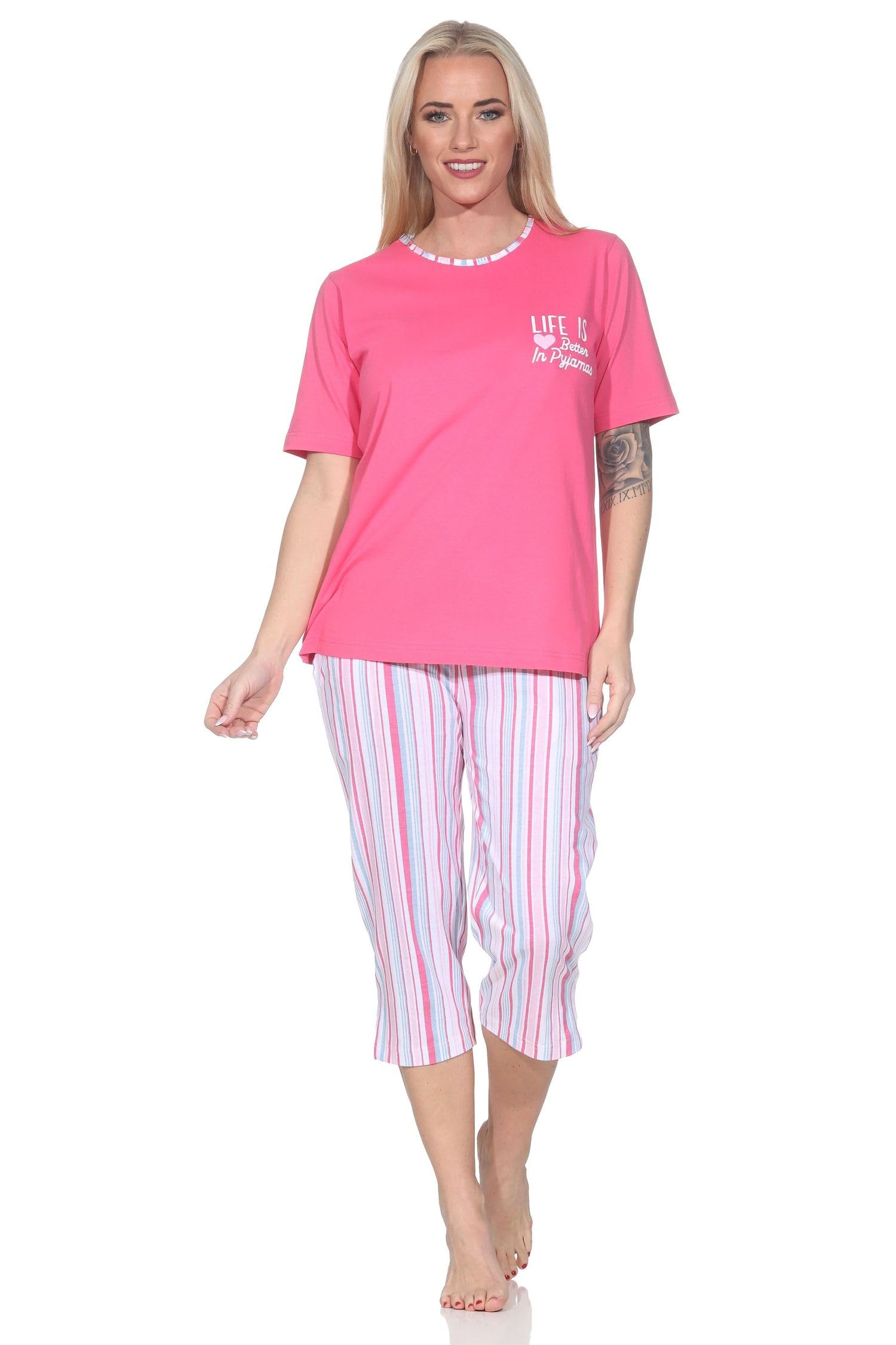 Normann Women's Capri Pyjamas Short Sleeve Pyjamas in Elegant Striped Look - Also in Plus Size, pink, 44-46