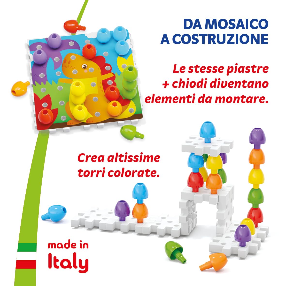 Quercetti Jumbo Peggy Bio, Mosaico Bambini, Giochi Bambini 2 Anni fino ai 5 Anni, Chiodini per Bambini 3 Anni, Costruzioni per Bambini 3 Anni con 36 Chiodini, 9 Piastre e 4 Schede, Made in Italy