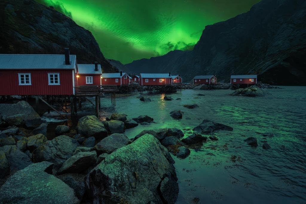 Laminated Aurora Borealis in Sky Above Coastal Norway Cabins Photo Photograph Poster Dry Erase Wall Art 36x24