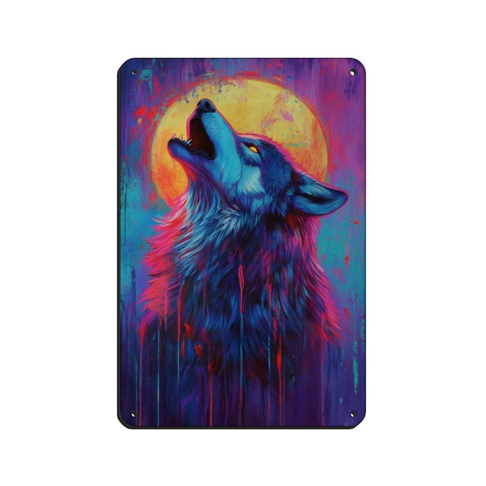 Colorful Wolf Howling at Moon Tin Sign Vintage Metal Pub Club Cafe Bar Home Wall Art Decoration Poster Retro 8x12inch(20x30cm)