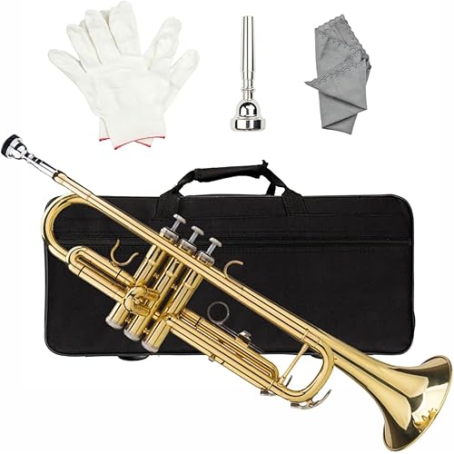 Bb Standard Trumpet Set for Beginner, Brass Student Trumpet Instrument with Hard Case, Cleaning Kit, Mouthpiece and Gloves, Gold