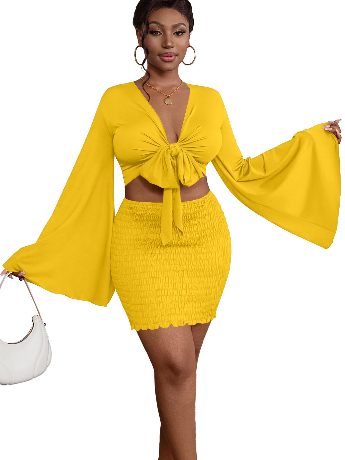 LYANER Women 2 Piece Vacation Outfits Tie Knot Front Bell Long Sleeve Crop Top and Mini Skirt Summer Set