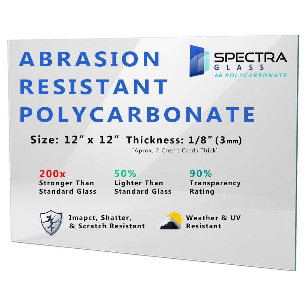 Clear Abrasion Resistant AR2 Polycarbonate Plastic Sheet. Stronger Than Plexiglass Sheets. Scratch, Mar, Impact, and UV Resistant. Sizes Nominal Cut. Fabricated in USA. 12" x 12" (1/8" Thick)