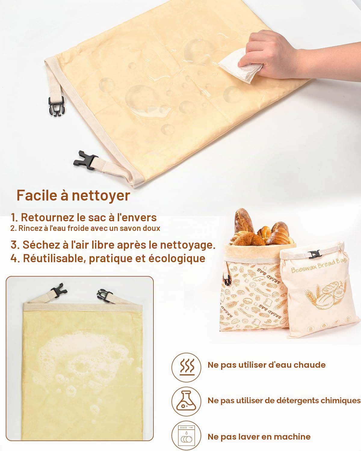 2 Sacs à Pain en Cire d’Abeille 43×33 cm – Sac de Conservation Réutilisable en Coton, pour Pain au Levain et Baguette, Sac Écologique pour Garder la Fraîcheur du Pain
